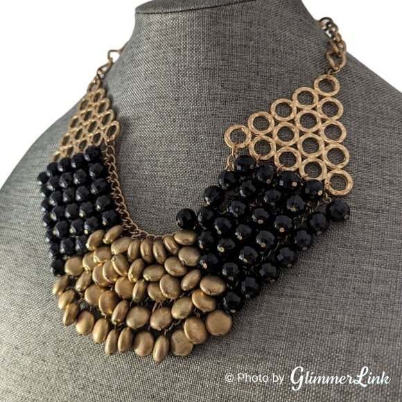 Black & Gold Tone Beaded Mesh Bib Statement Necklace - Picture 3 of 8
